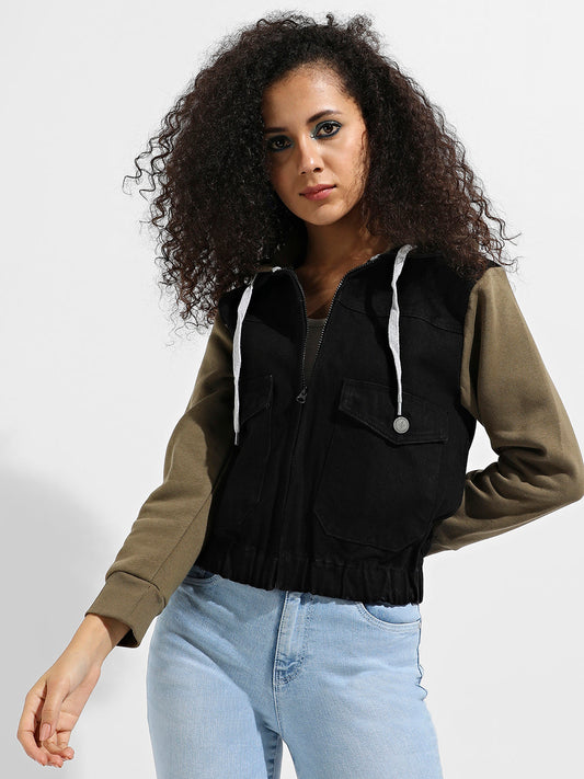 Denim Jacket With Sweatshirt Sleeve