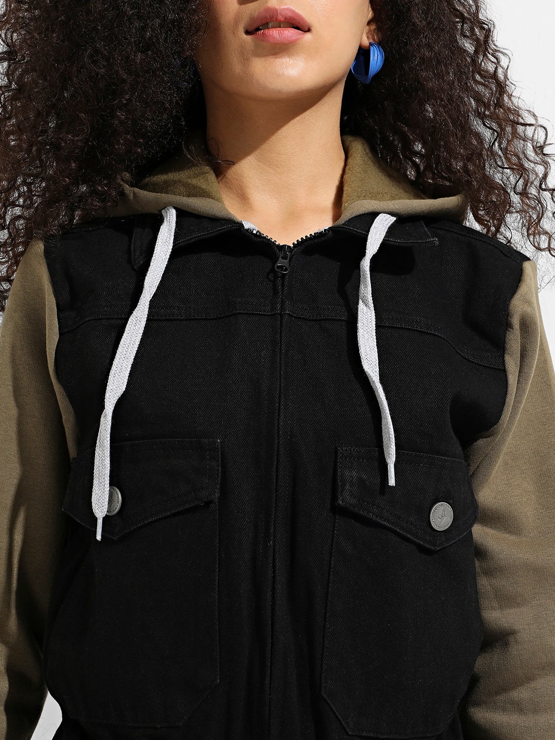 Black & Olive Green Denim Jacket With Sweatshirt Sleeve