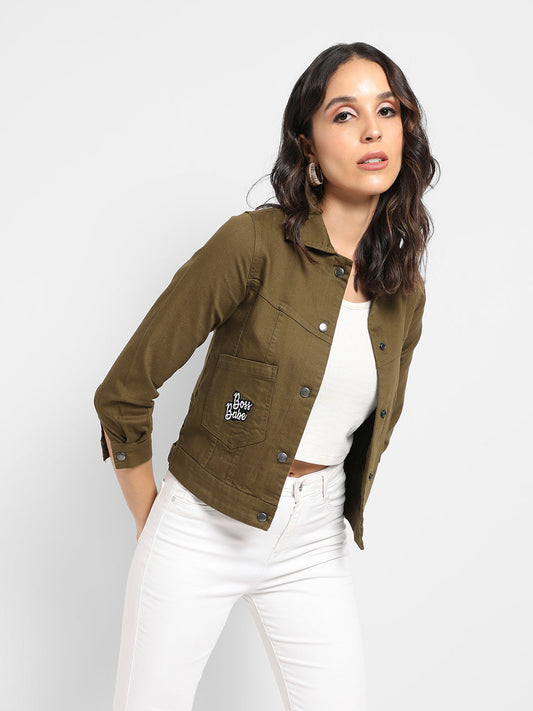 Patch Pocket Denim Jacket With Typographic Embroidery