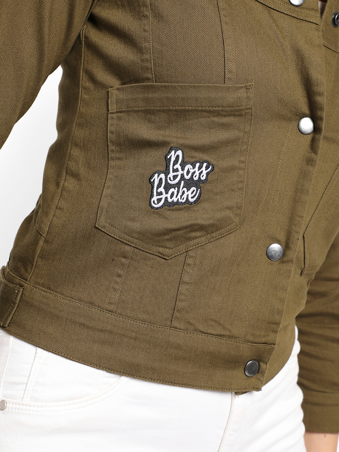 Olive Green Patch Pocket Denim Jacket With Typographic Embroidery