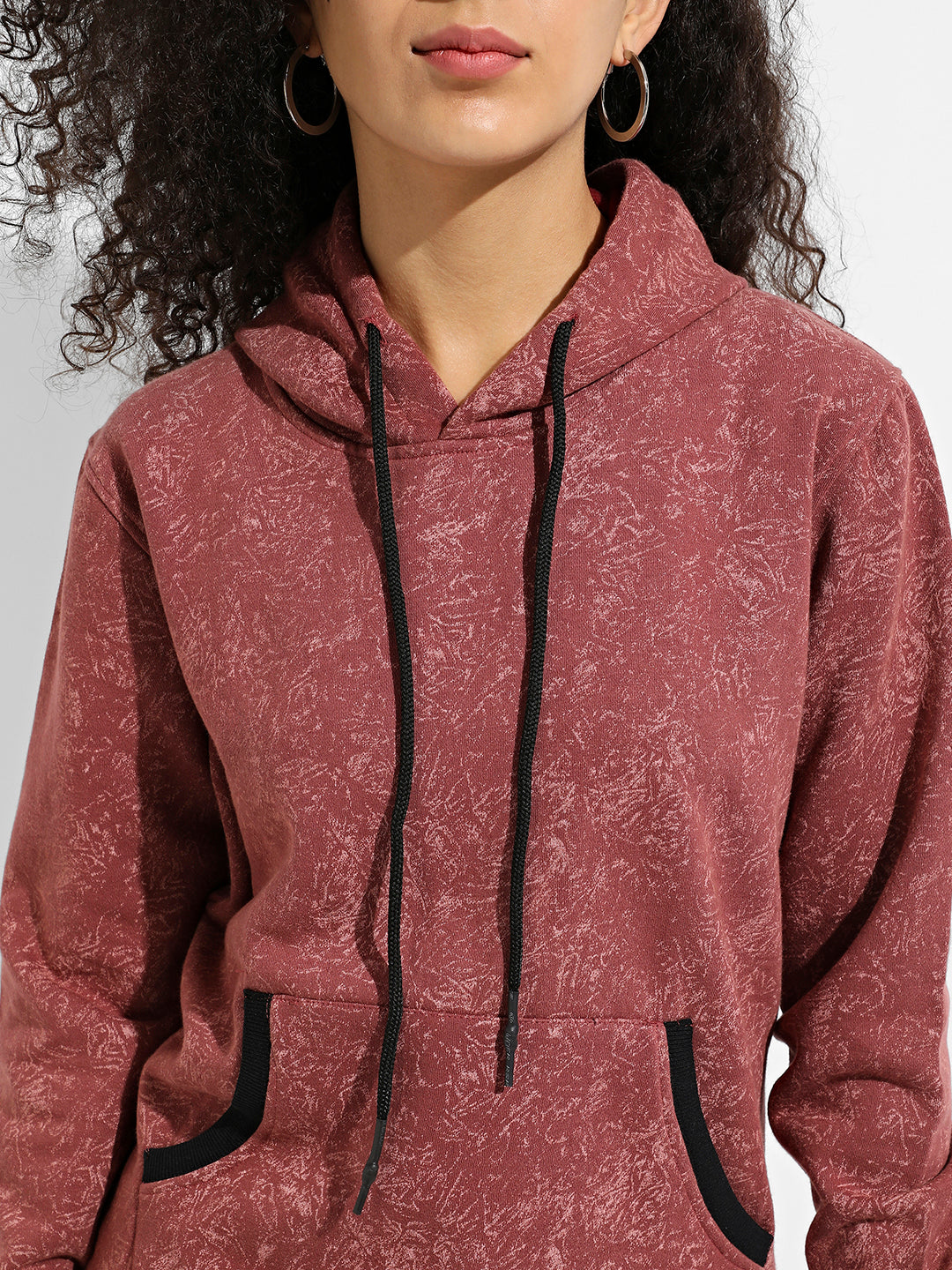 Brown Printed Hoodie With Contrast Hem