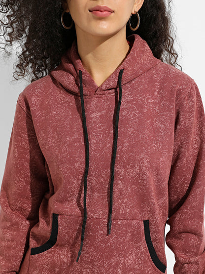 Brown Printed Hoodie With Contrast Hem