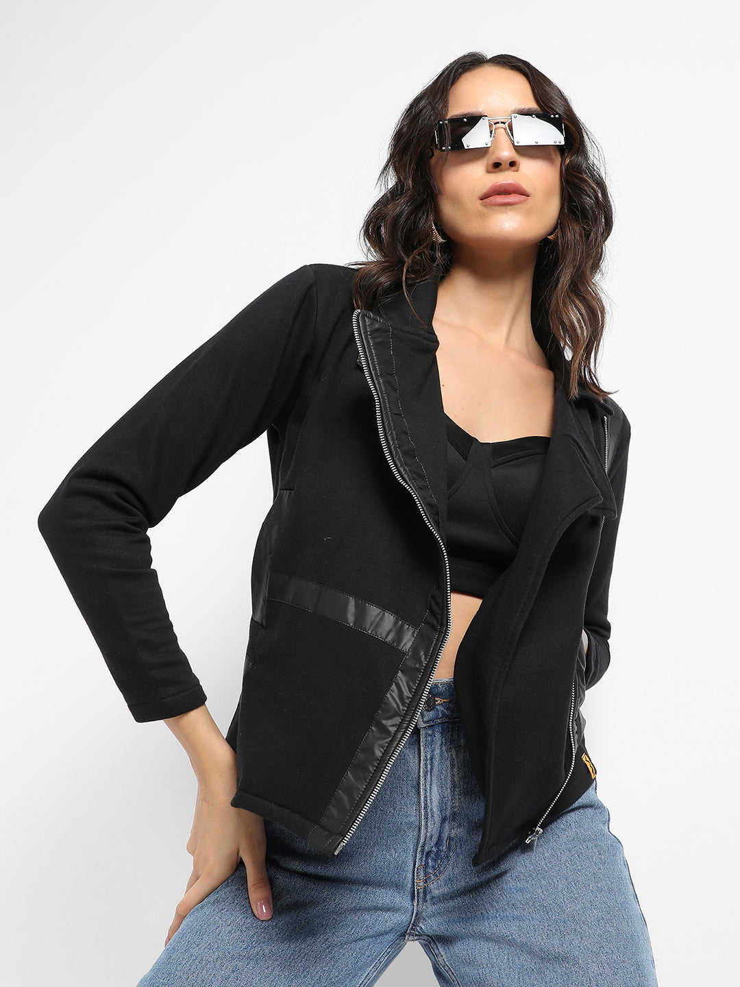 Zip-Front Biker Jacket With Self-Design Panels