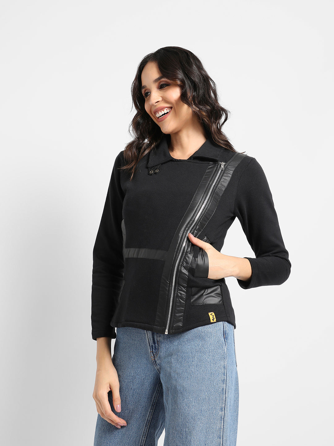 Zip-Front Biker Jacket With Self-Design Panels