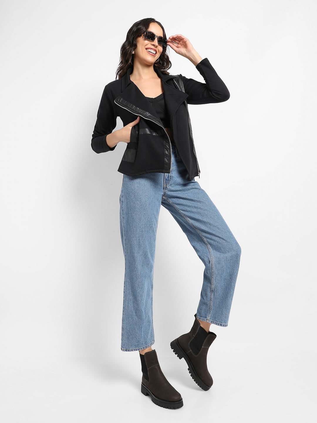 Zip-Front Biker Jacket With Self-Design Panels