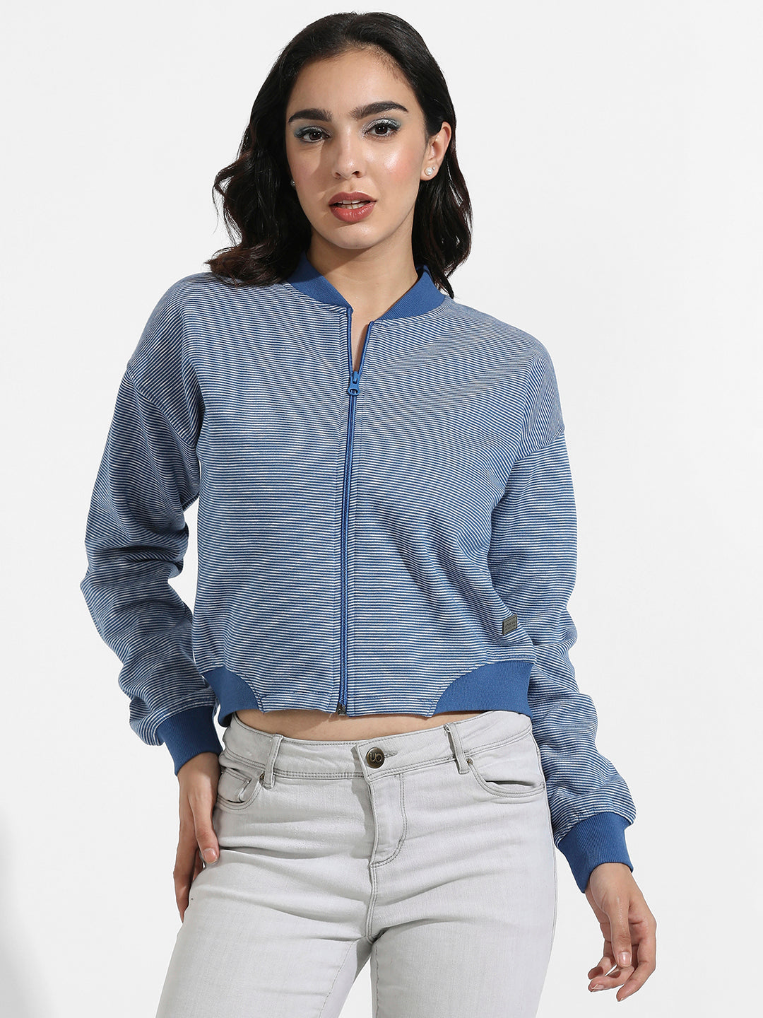 Zip-Front Striped Jacket With Ribbed Hem