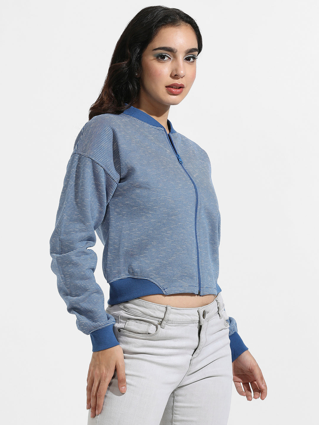 Zip-Front Striped Jacket With Ribbed Hem