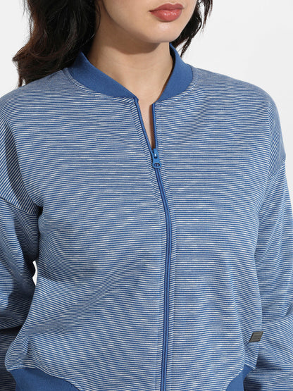 Blue Zip-Front Striped Jacket With Ribbed Hem
