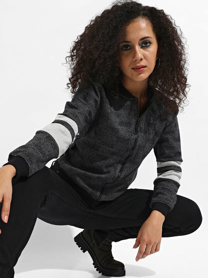 Zip-Front Textured Jacket With Contrast Stripe Sleeve