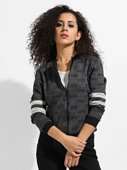 Zip-Front Textured Jacket With Contrast Stripe Sleeve