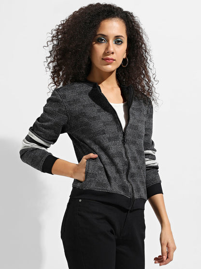Zip-Front Textured Jacket With Contrast Stripe Sleeve