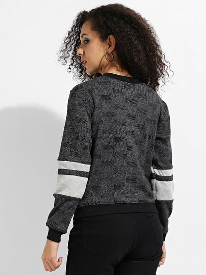 Zip-Front Textured Jacket With Contrast Stripe Sleeve