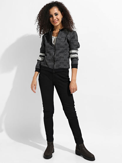 Zip-Front Textured Jacket With Contrast Stripe Sleeve
