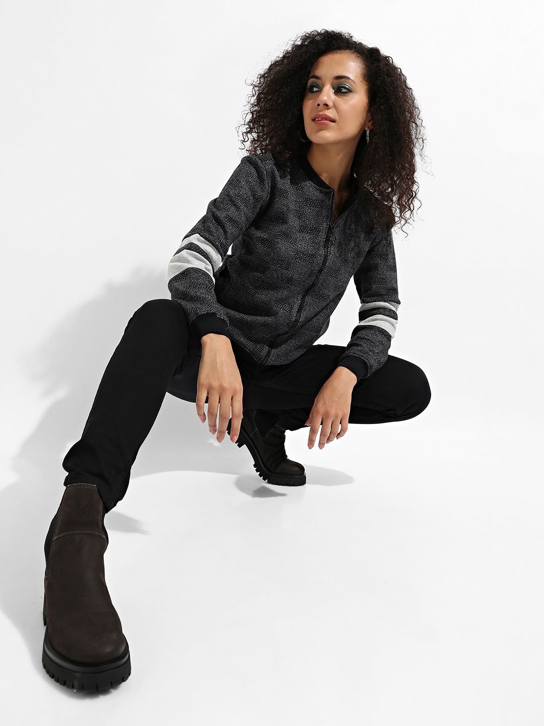 Zip-Front Textured Jacket With Contrast Stripe Sleeve