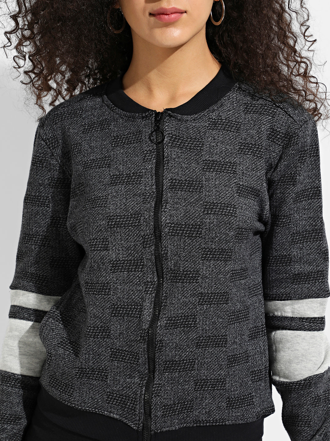 Charcoal Grey Zip-Front Textured Jacket With Contrast Stripe Sleeve
