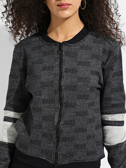 Charcoal Grey Zip-Front Textured Jacket With Contrast Stripe Sleeve