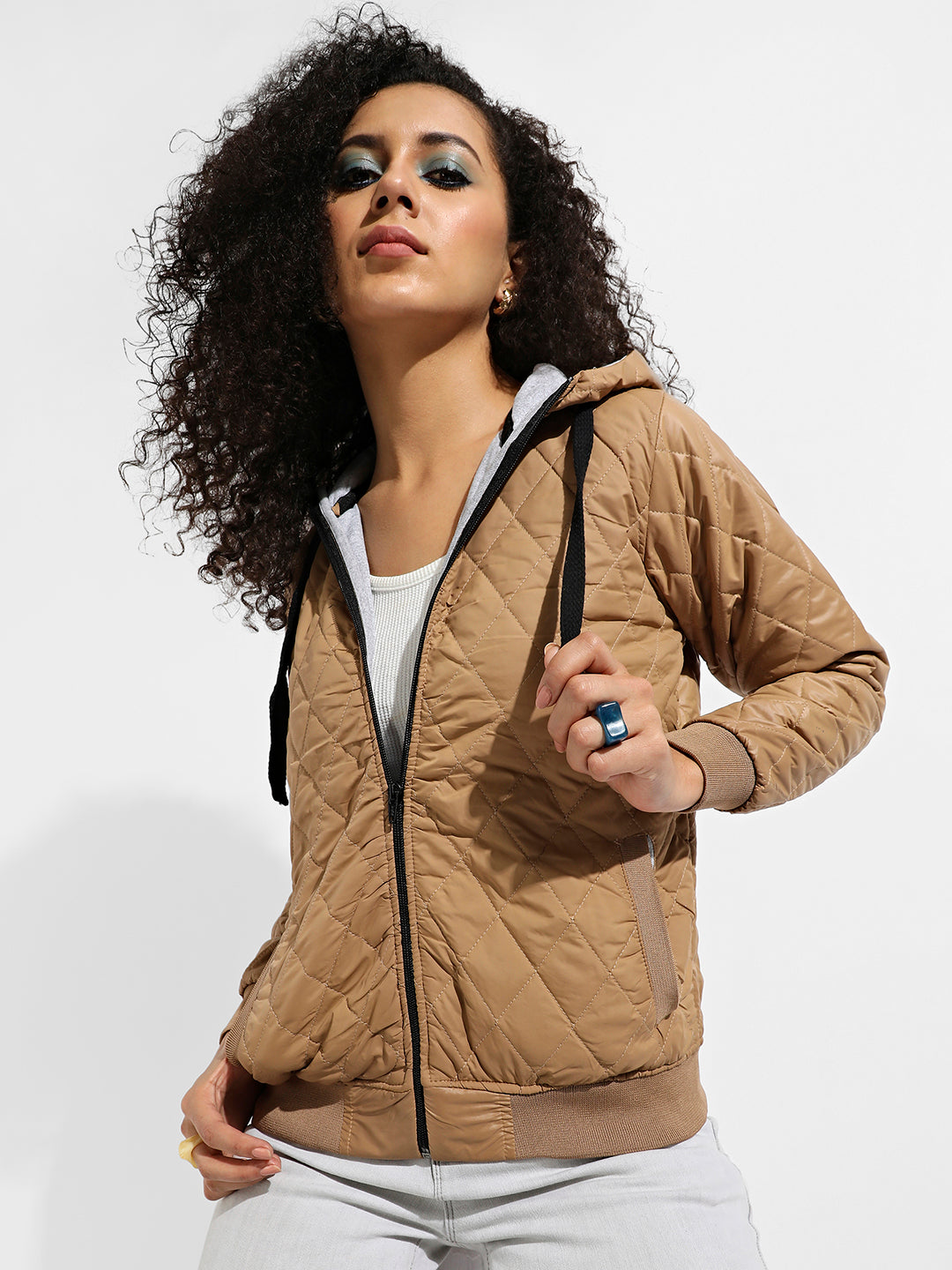 Quilted Puffer Jacket With Ribbed Hem