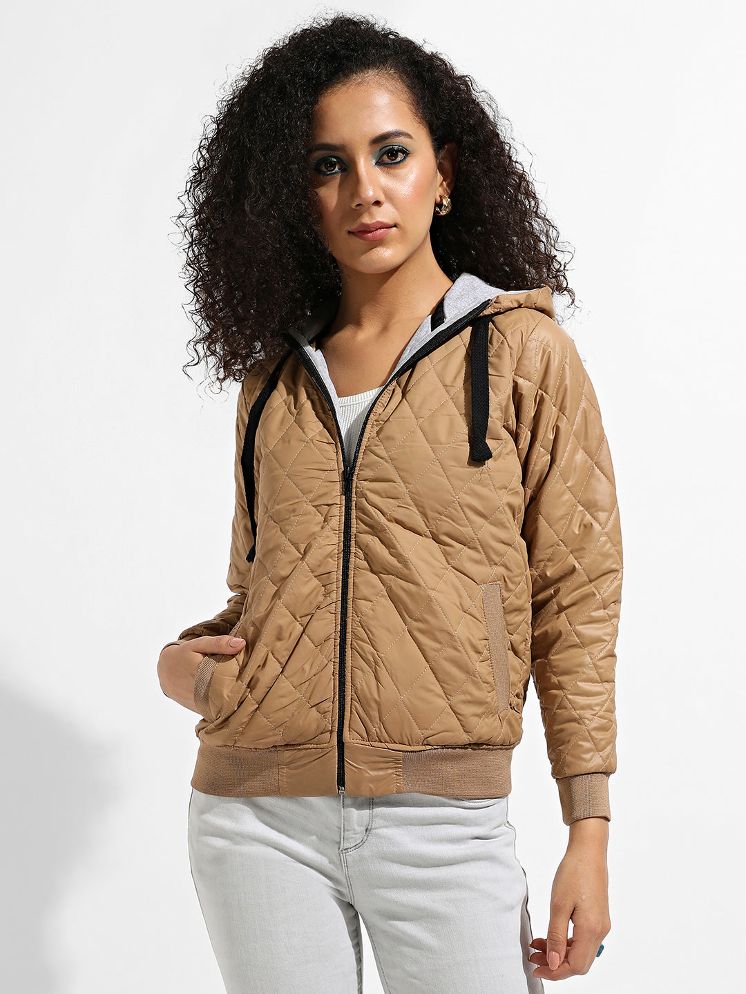 Quilted Puffer Jacket With Ribbed Hem