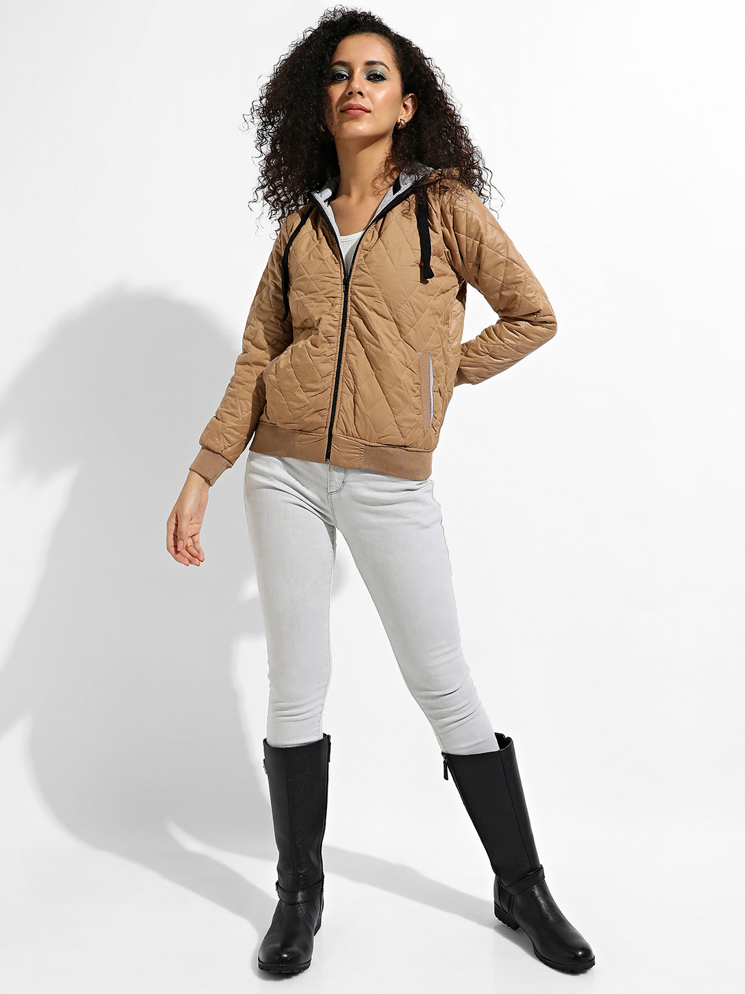 Quilted Puffer Jacket With Ribbed Hem