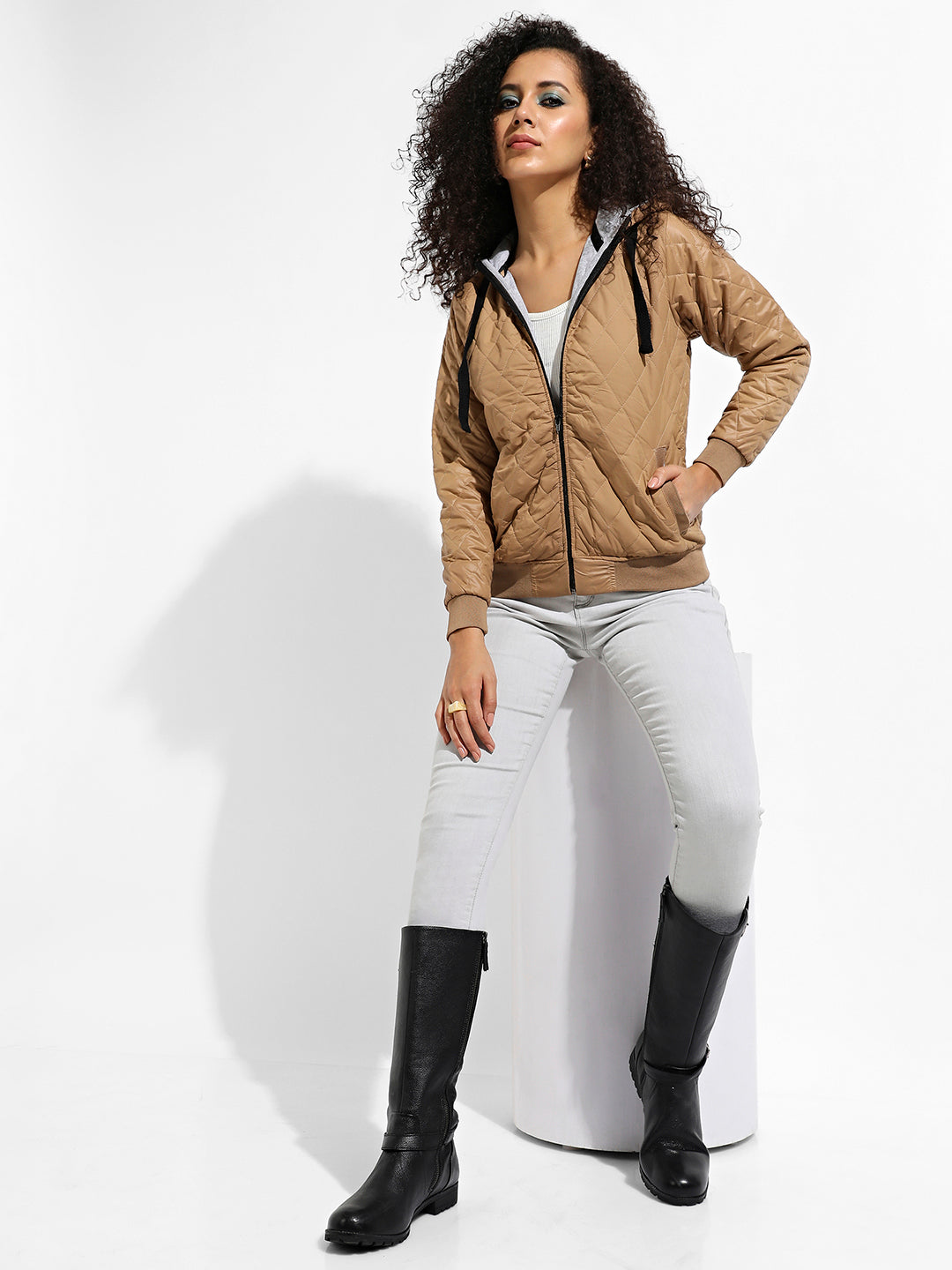 Quilted Puffer Jacket With Ribbed Hem