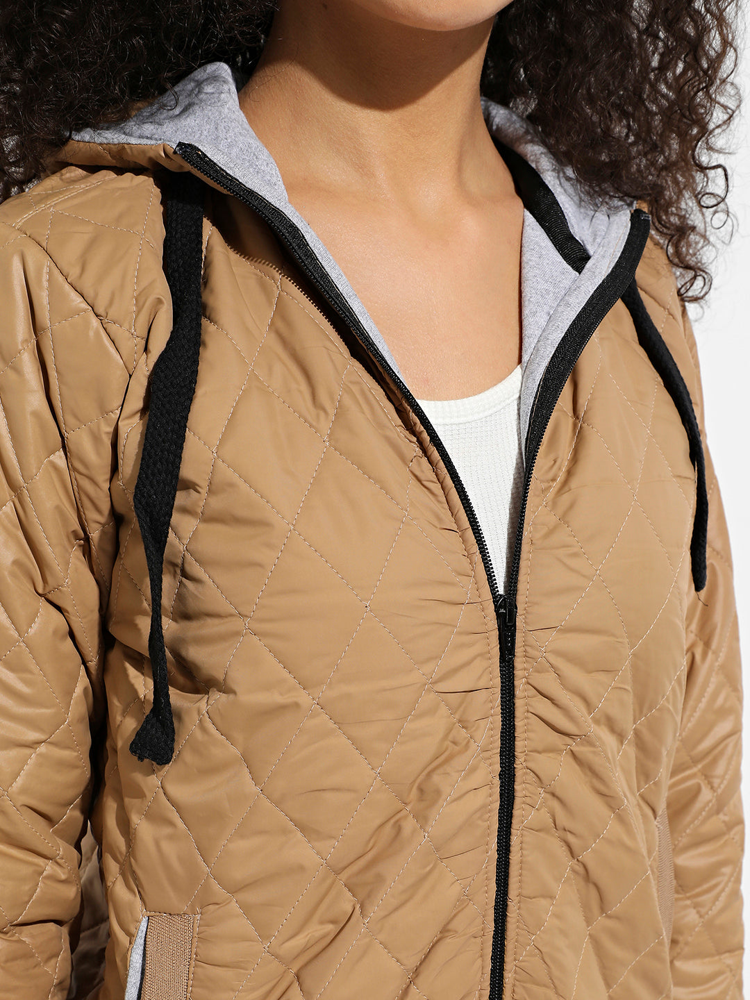 Beige Quilted Puffer Jacket With Ribbed Hem