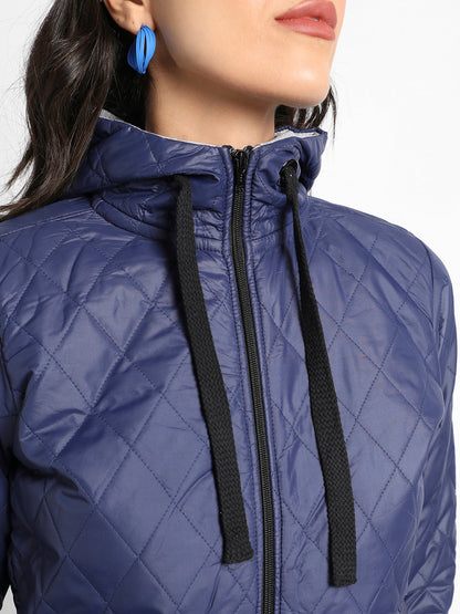 Electric Blue Quilted Puffer Jacket With Zip Closure