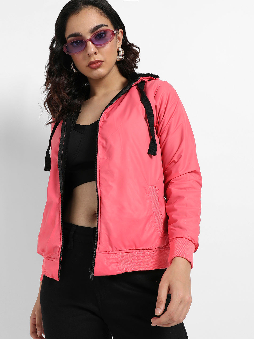 Zip-Front Bomber Jacket With Contrast Drawstring