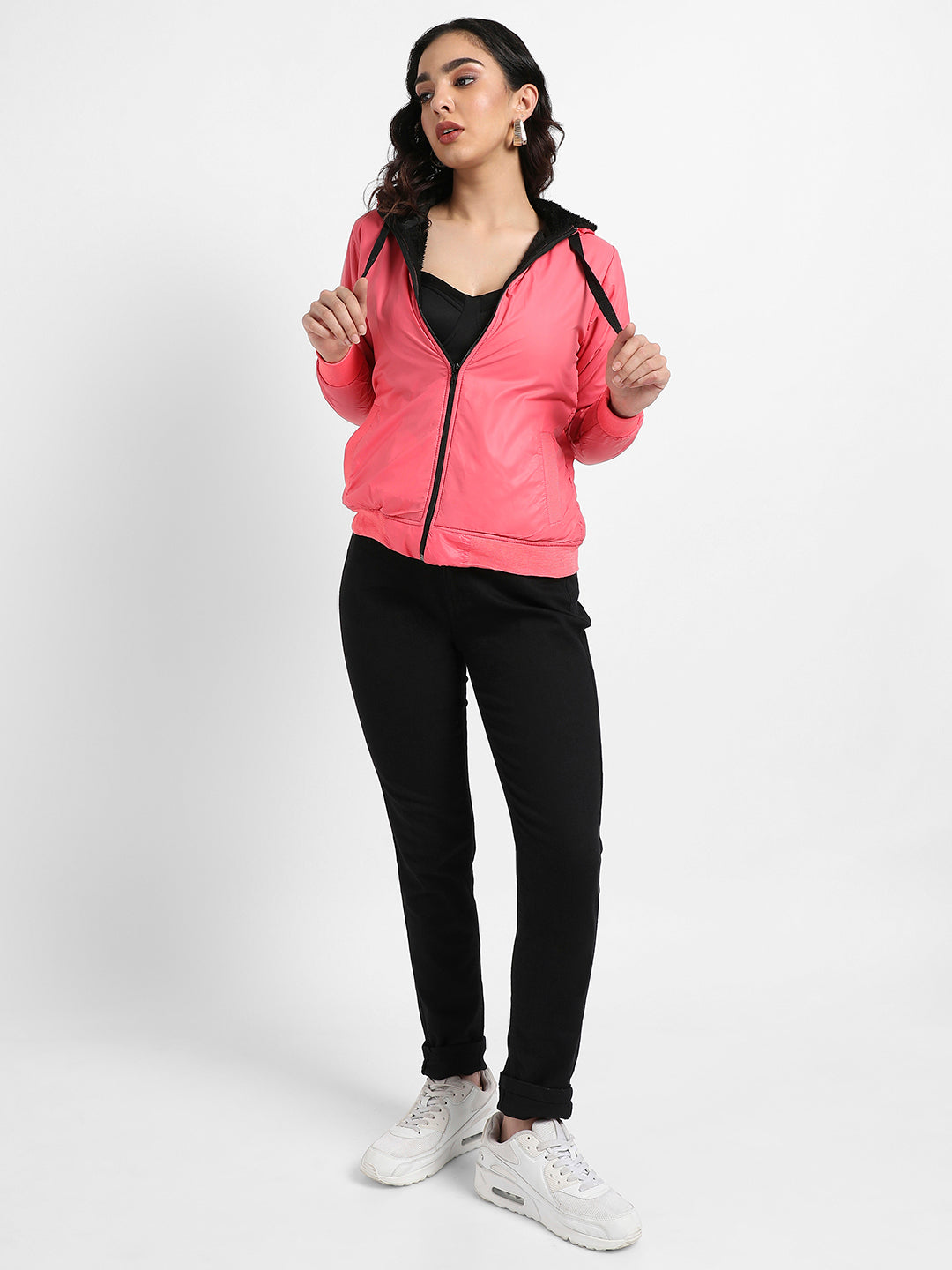 Zip-Front Bomber Jacket With Contrast Drawstring