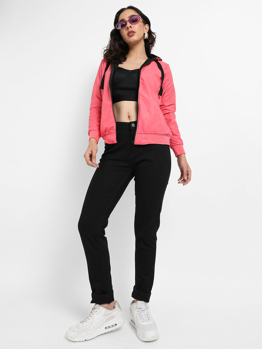 Zip-Front Bomber Jacket With Contrast Drawstring