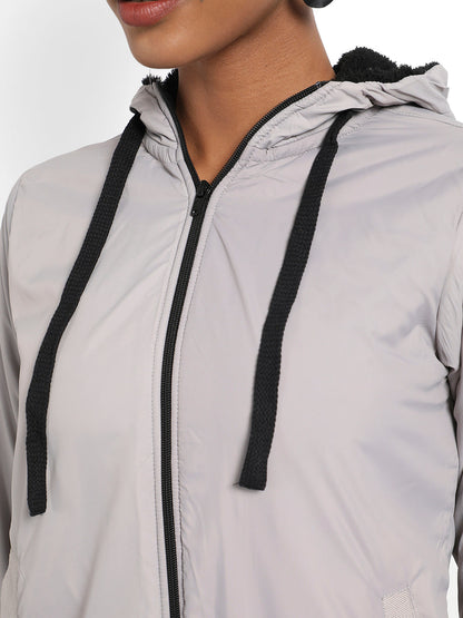 Light Grey Zip-Front Puffer Jacket With Contrast Drawstring