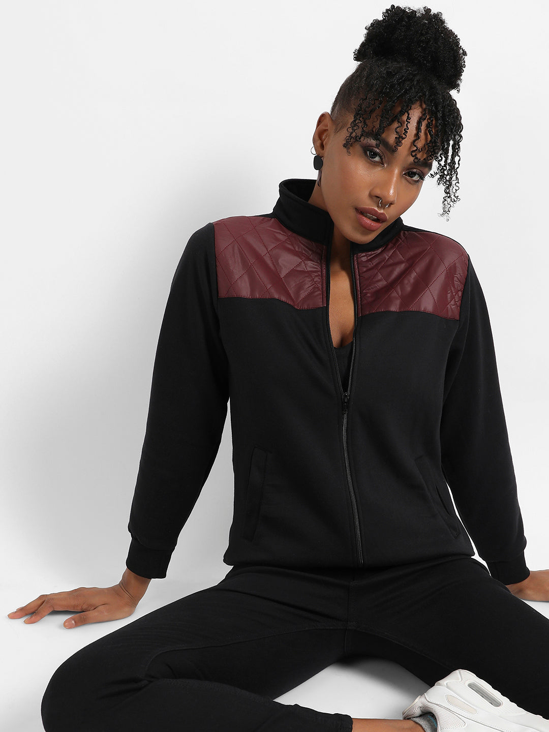 Black & Wine Zip-Front Jacket With Quilted Details