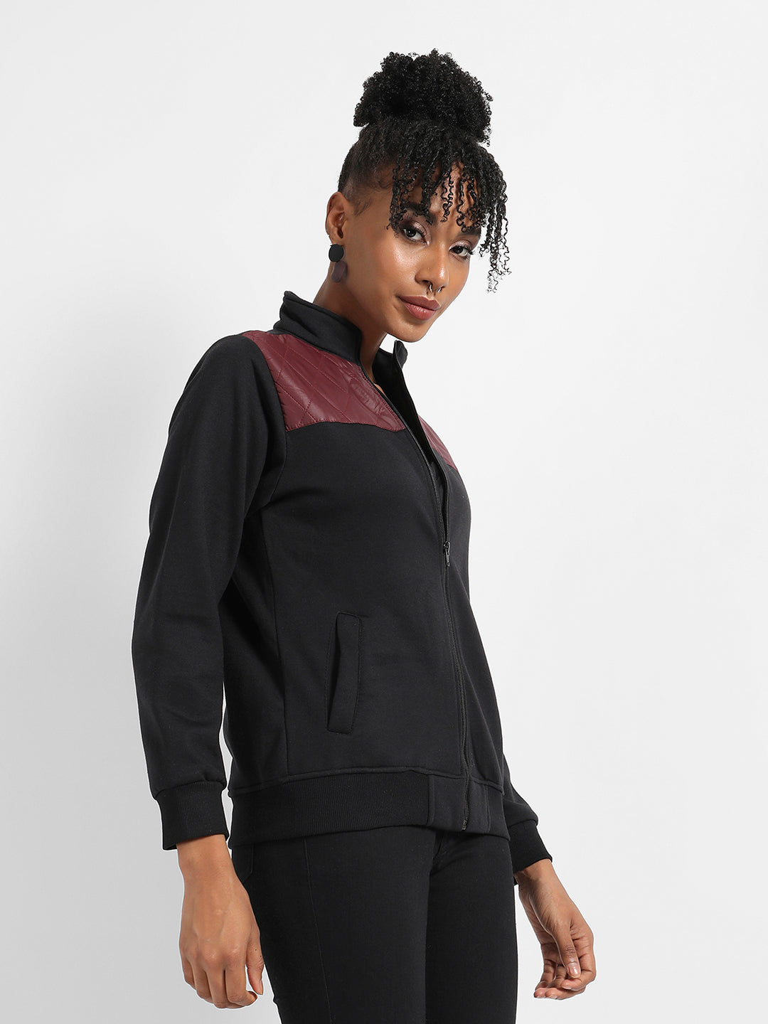 Black & Wine Zip-Front Jacket With Quilted Details