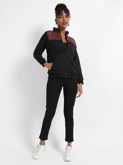 Black & Wine Zip-Front Jacket With Quilted Details