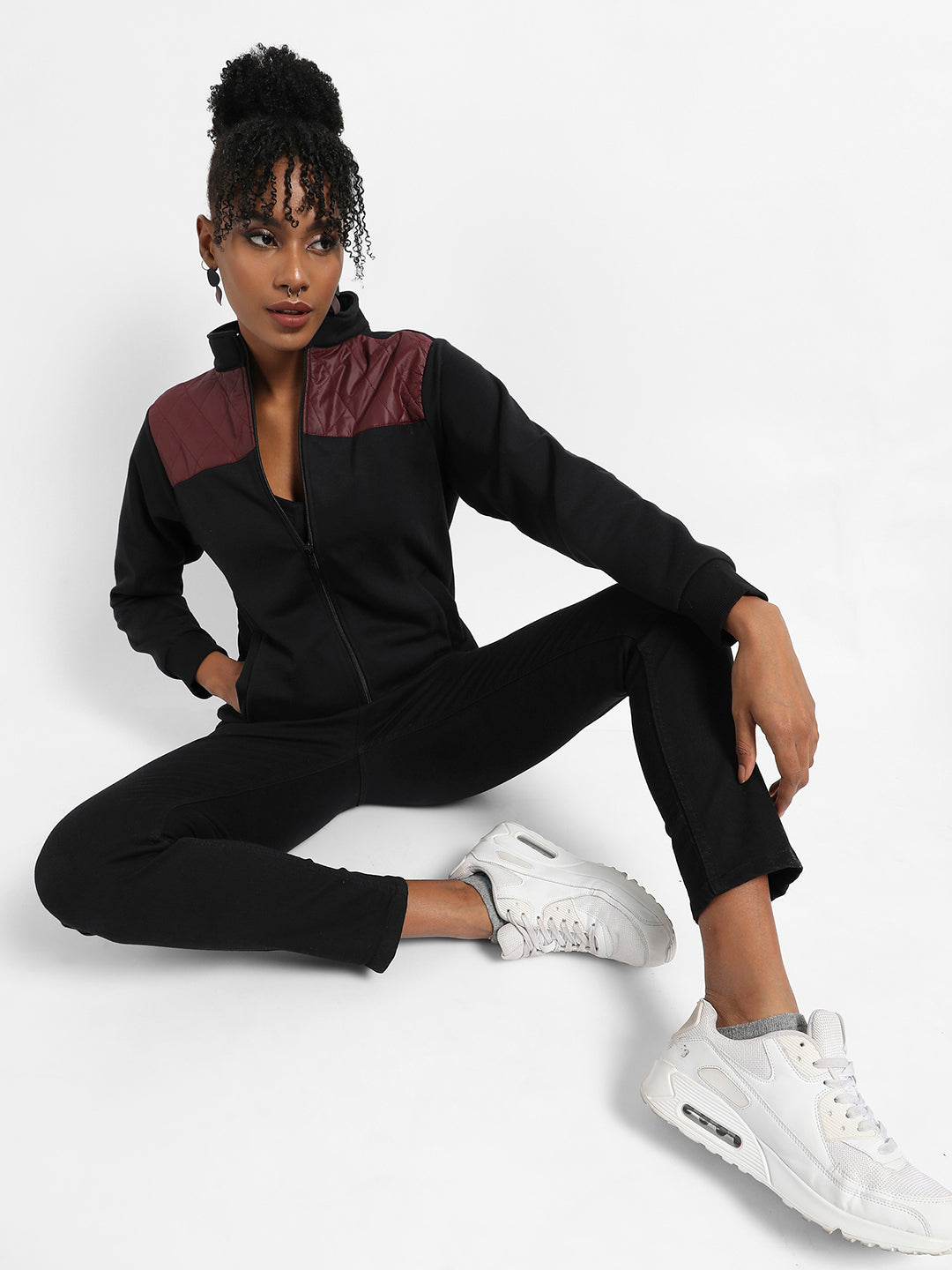 Black & Wine Zip-Front Jacket With Quilted Details