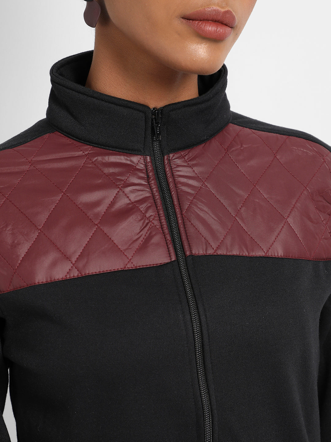 Black &  Wine Zip-Front Jacket With Quilted Details