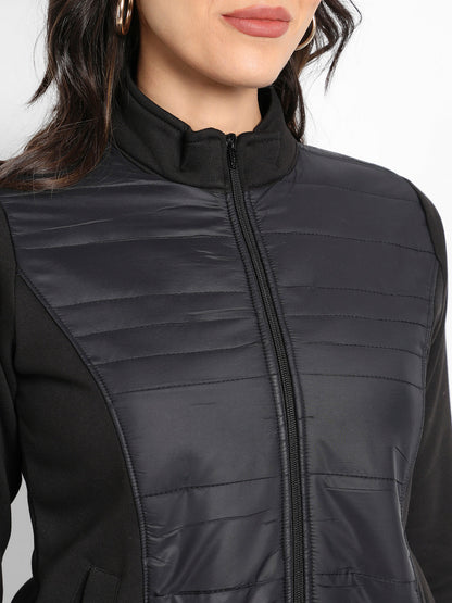 Black Zip-Front Jacket With Quilted Details