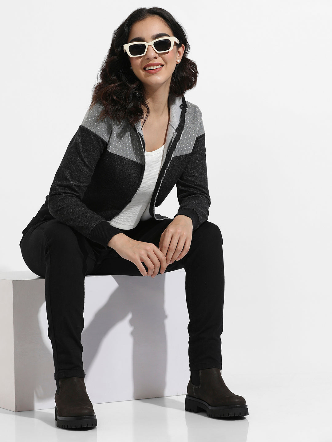 Zip-Front Hoodie With Polka Dot Detail