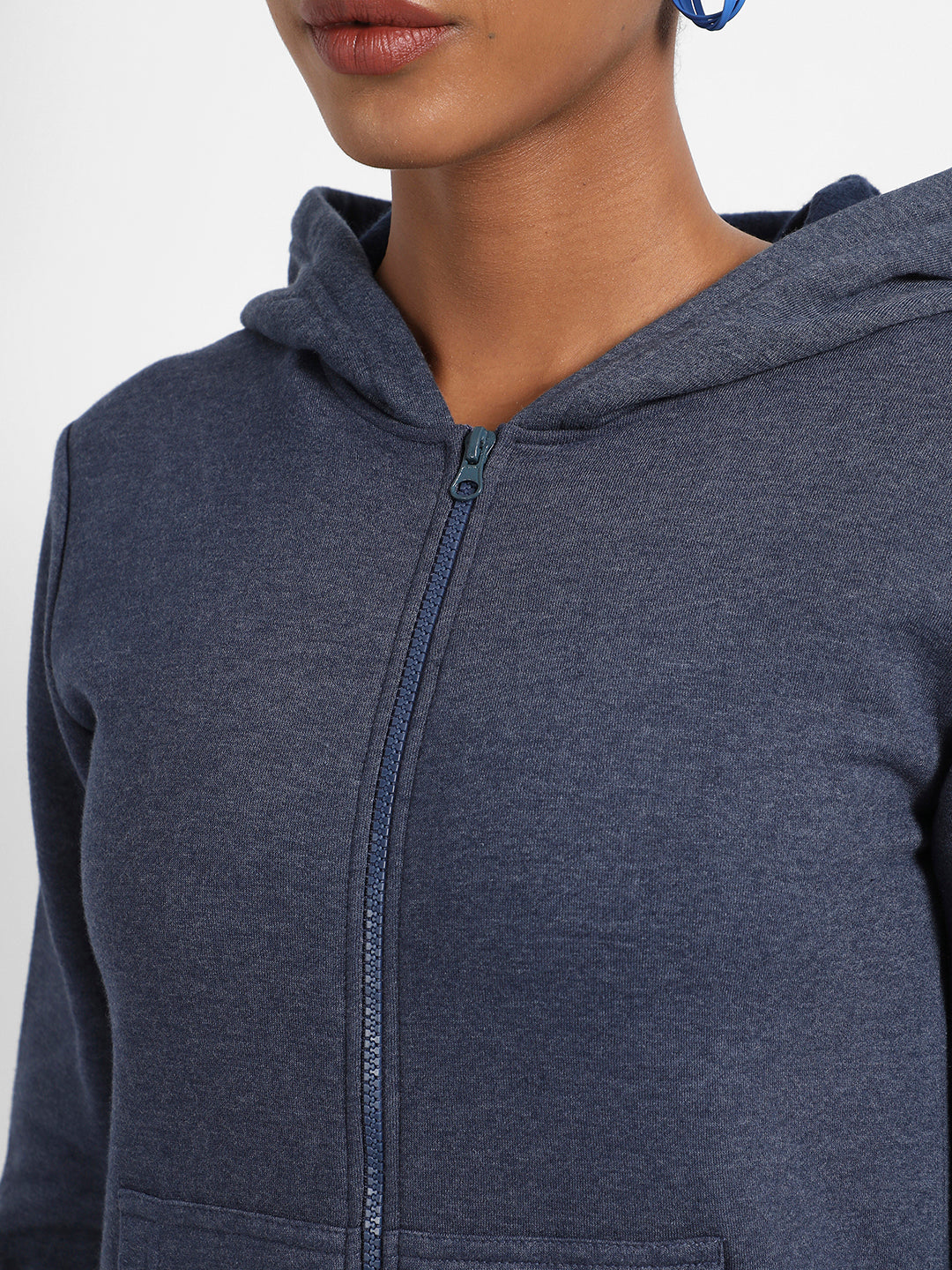 Blue Zip-Front Hoodie With Contrast Drawstring