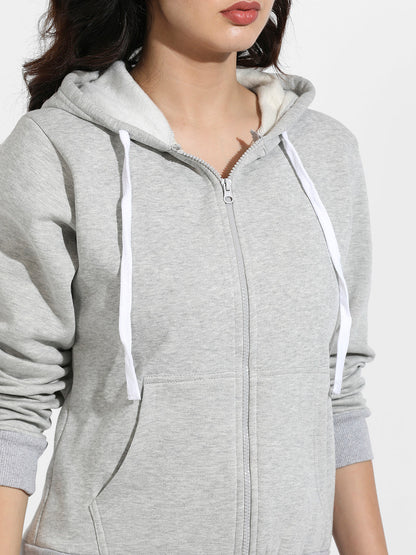 Light Grey Zip-Front Hoodie With Contrast Drawstring