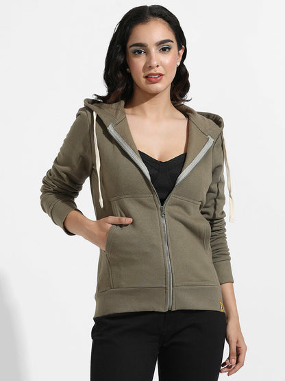 Solid Zip-Front Hoodie With Contrast Drawstring