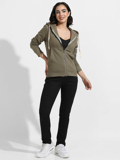 Solid Zip-Front Hoodie With Contrast Drawstring