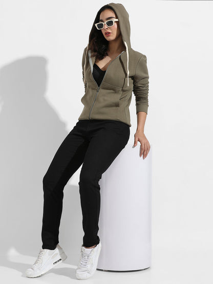 Solid Zip-Front Hoodie With Contrast Drawstring