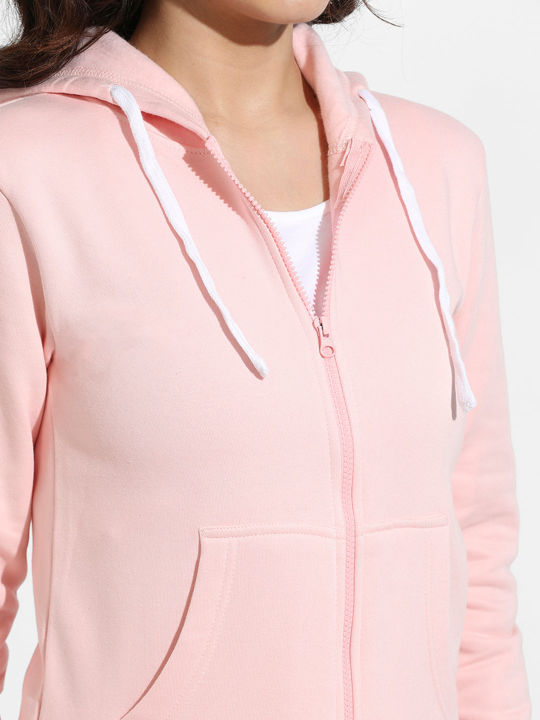 Light Pink Zip-Front Hoodie With Ribbed Hem