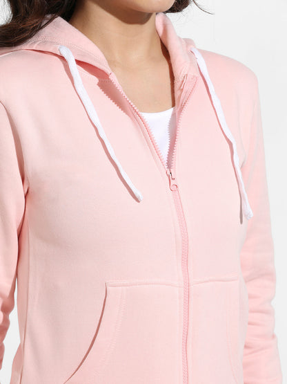 Light Pink Zip-Front Hoodie With Ribbed Hem
