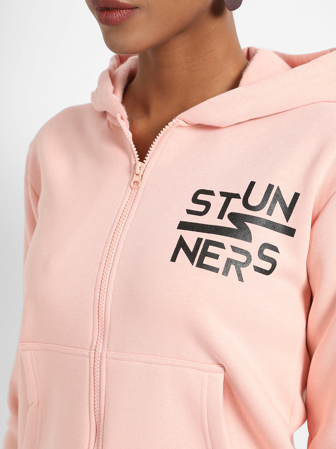 Light Pink Zip-Front Stunners Hoodie With Kangaroo Pockets