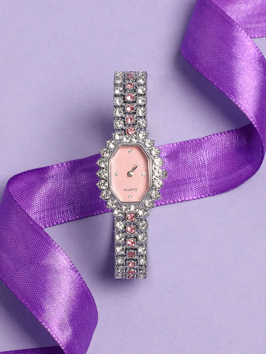 Embellished Block Oval Watch - Pink