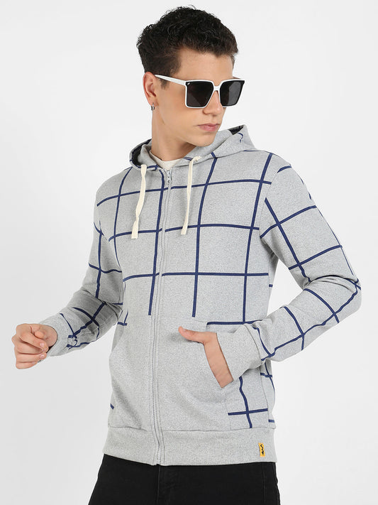 Contrast Graph Check Hoodie With Zip-Closure