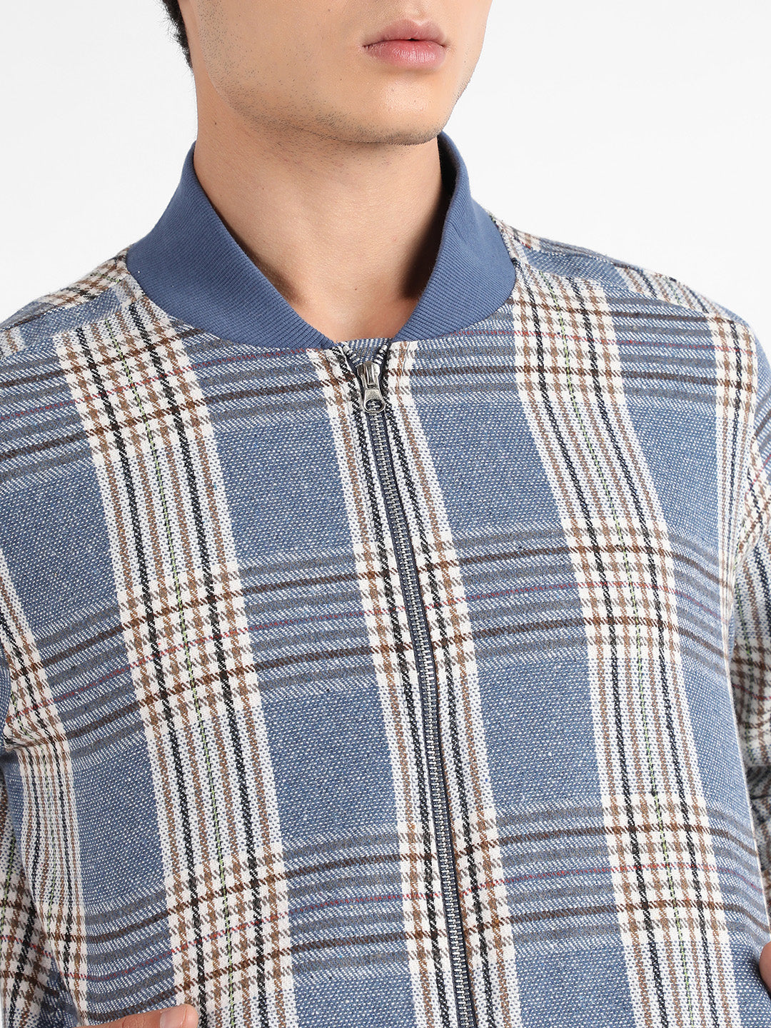 Men's Icy Blue Tartan Plaid Jacket With Ribbed Hem