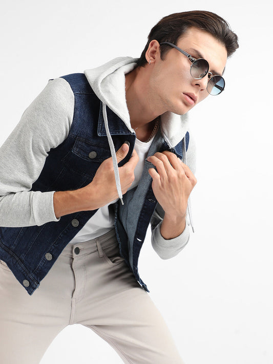 Dark-Wash Denim Jacket With Sweatshirt Sleeve