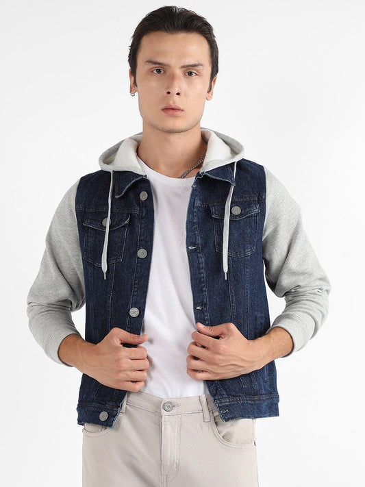 Dark-Wash Denim Jacket With Sweatshirt Sleeve